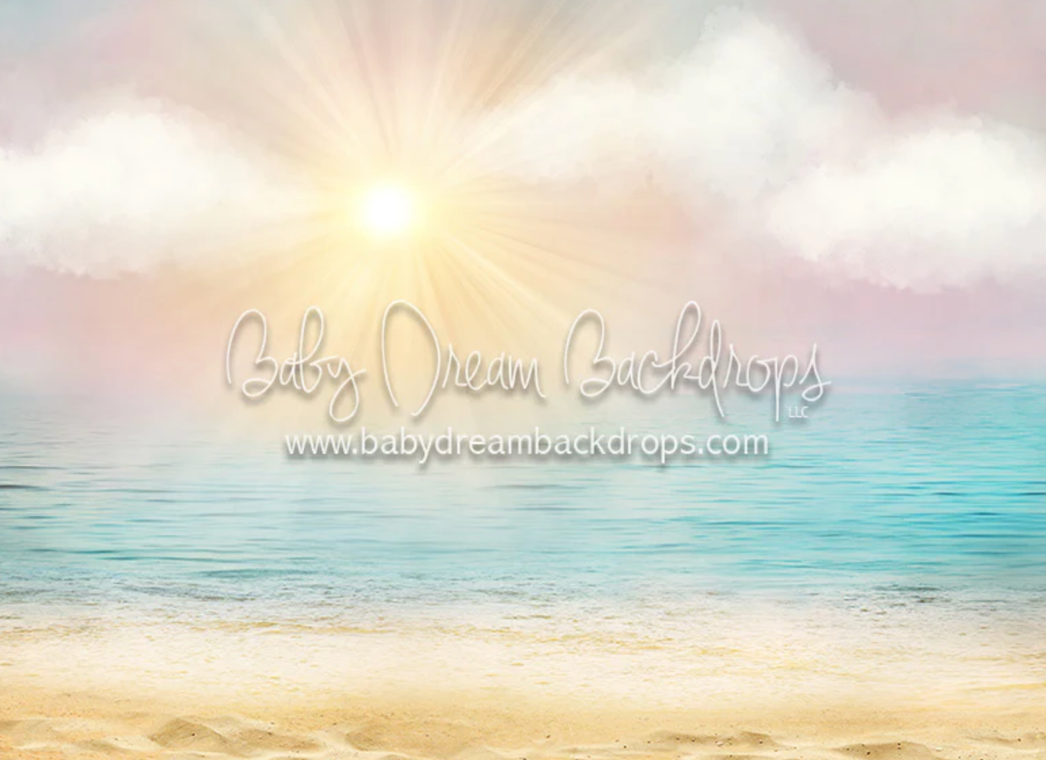 Dreamy beach scene with soft sunburst in pastel sky over turquoise ocean waters and sandy shore.