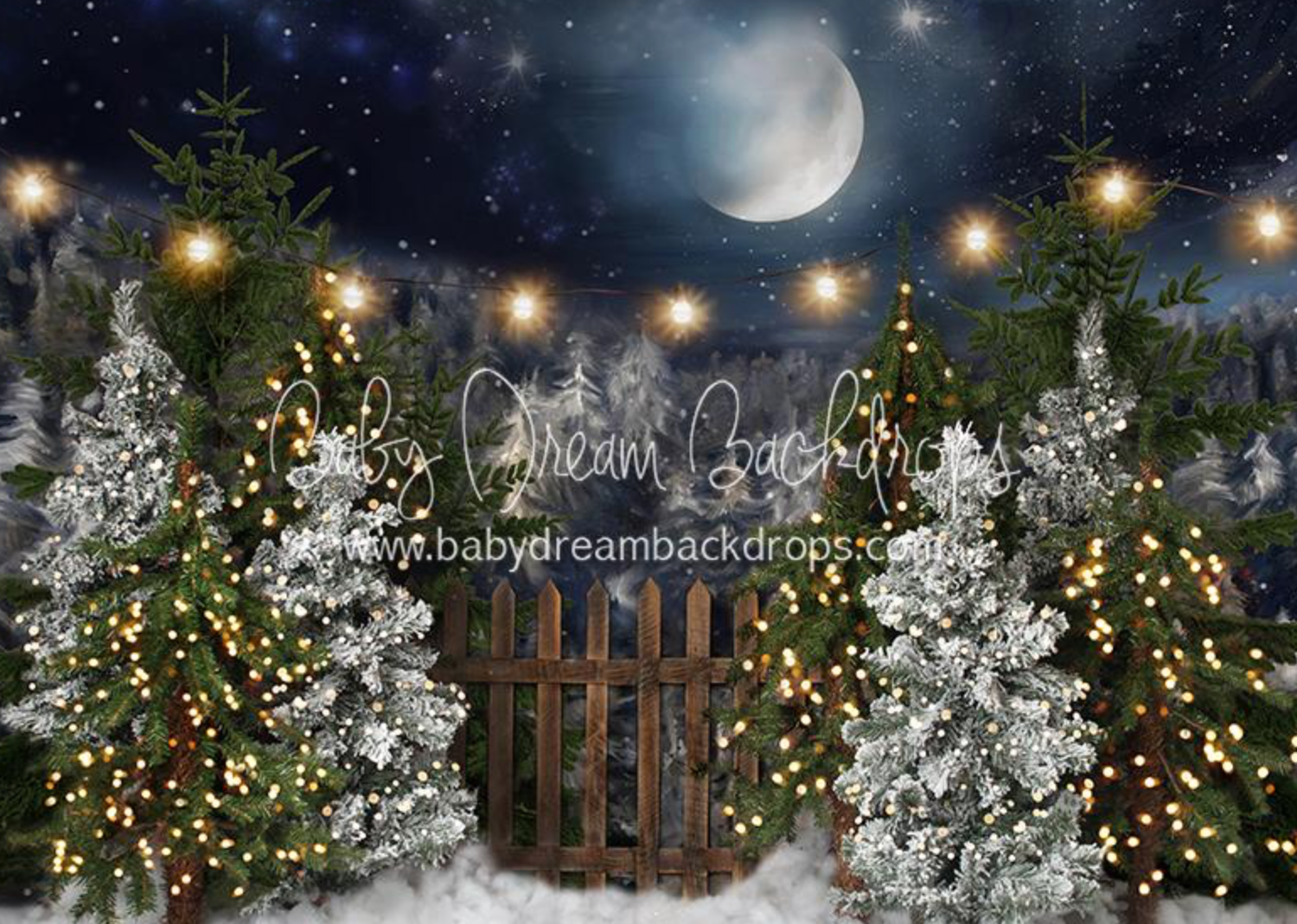 Winter garden scene with glowing string lights, snow-covered trees, and wooden fence under a bright moon in the night sky.