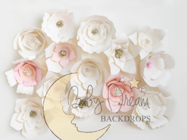 Delicate white and blush roses arranged in a row with a decorative crescent moon design against a light background.