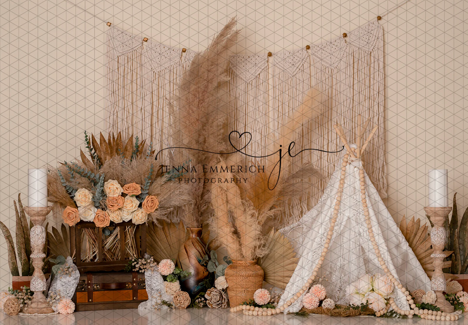 A luxurious boho wedding reception setup with white teepees, dried pampas grass, and soft neutral floral arrangements.