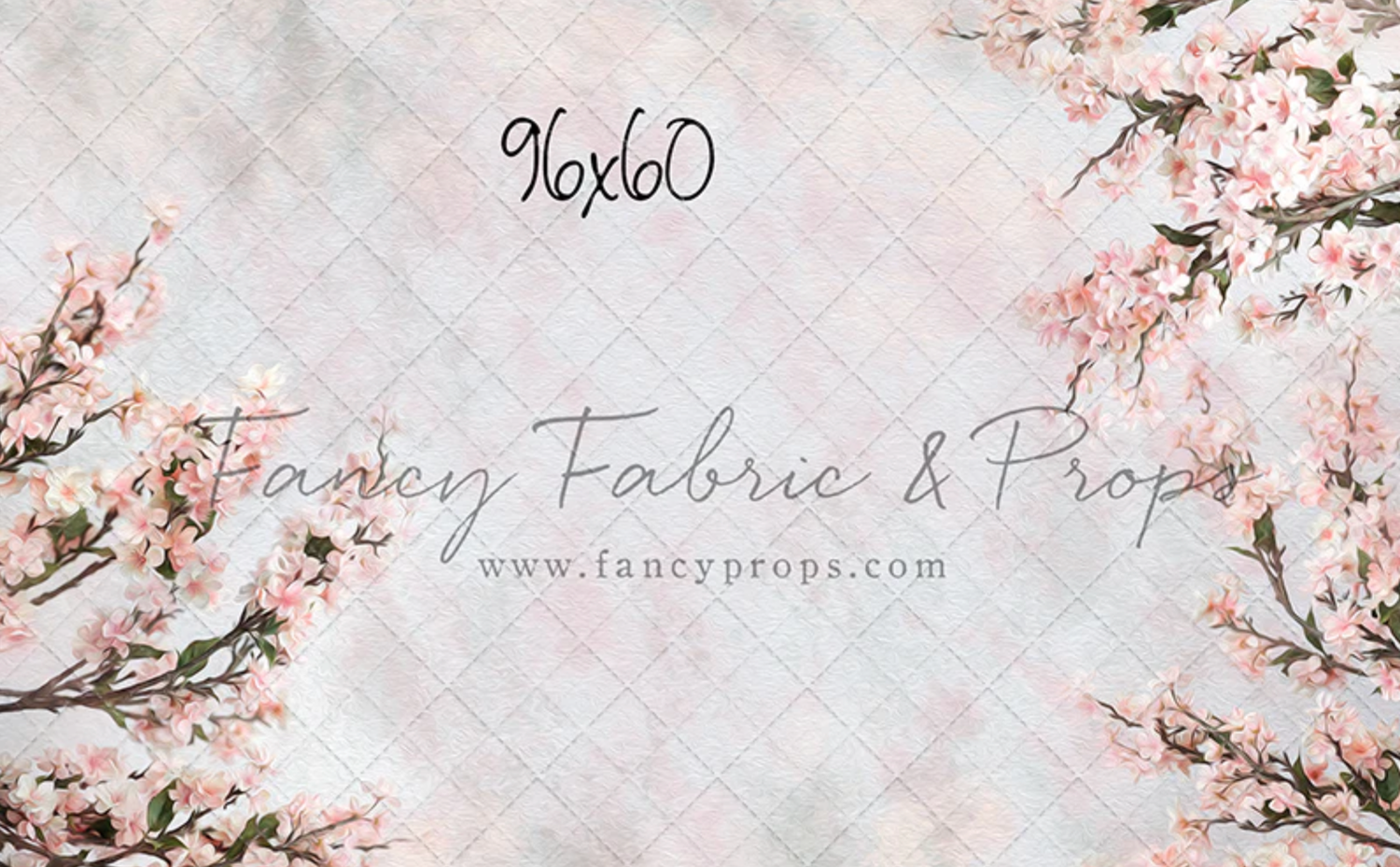 Delicate pink cherry blossoms against a soft gray background with elegant text overlay and website information.