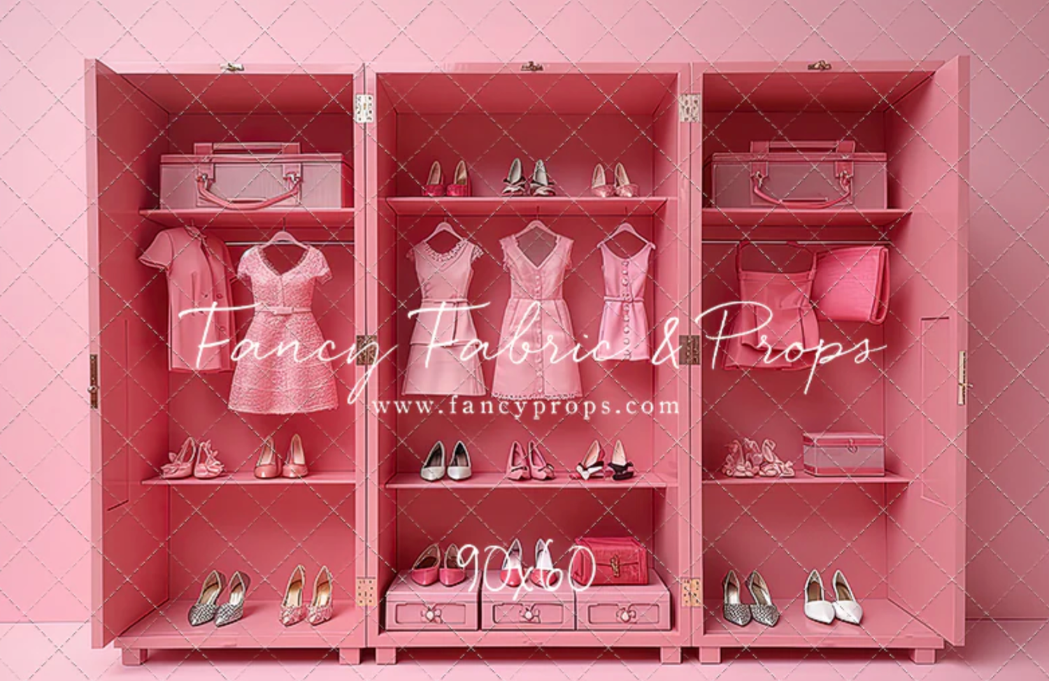 Pink display case with elegant dresses, shoes, and accessories arranged neatly on shelves in a boutique setting.