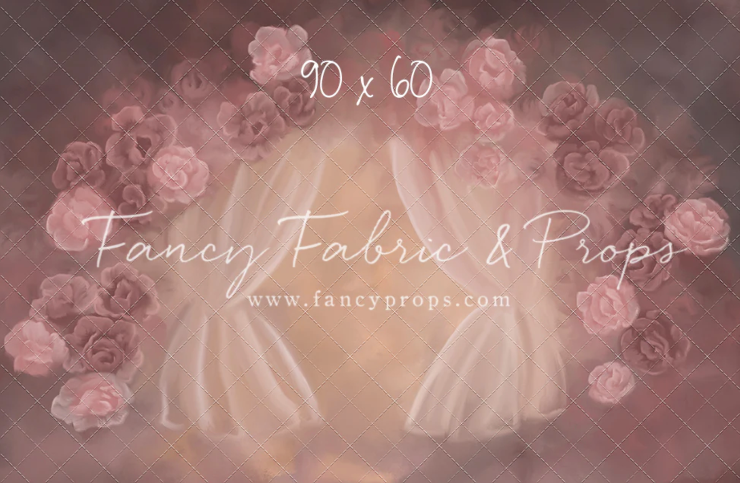 Delicate pink roses and floral patterns create a romantic vintage-style background texture with soft muted tones.