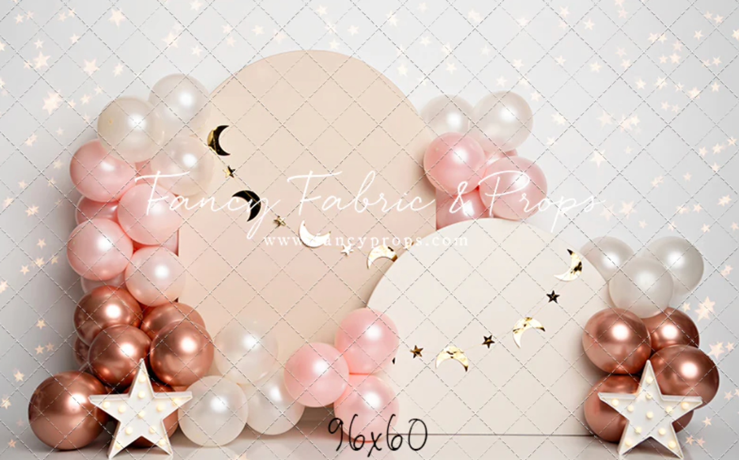 Pink and rose gold balloons with white stars create an elegant party backdrop against a textured white background.