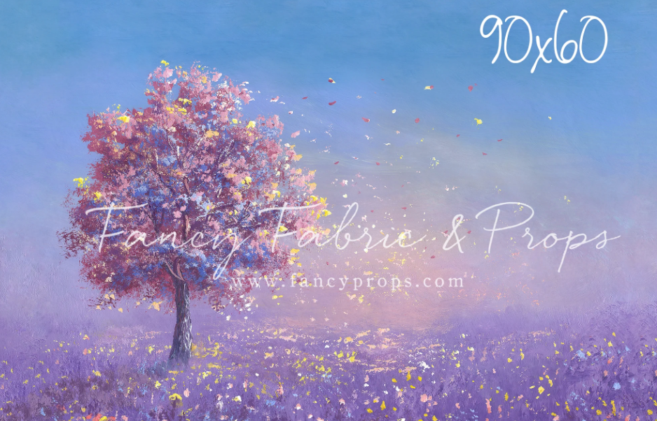 A pink cherry blossom tree stands against a purple twilight sky with glowing fireflies floating in the air.