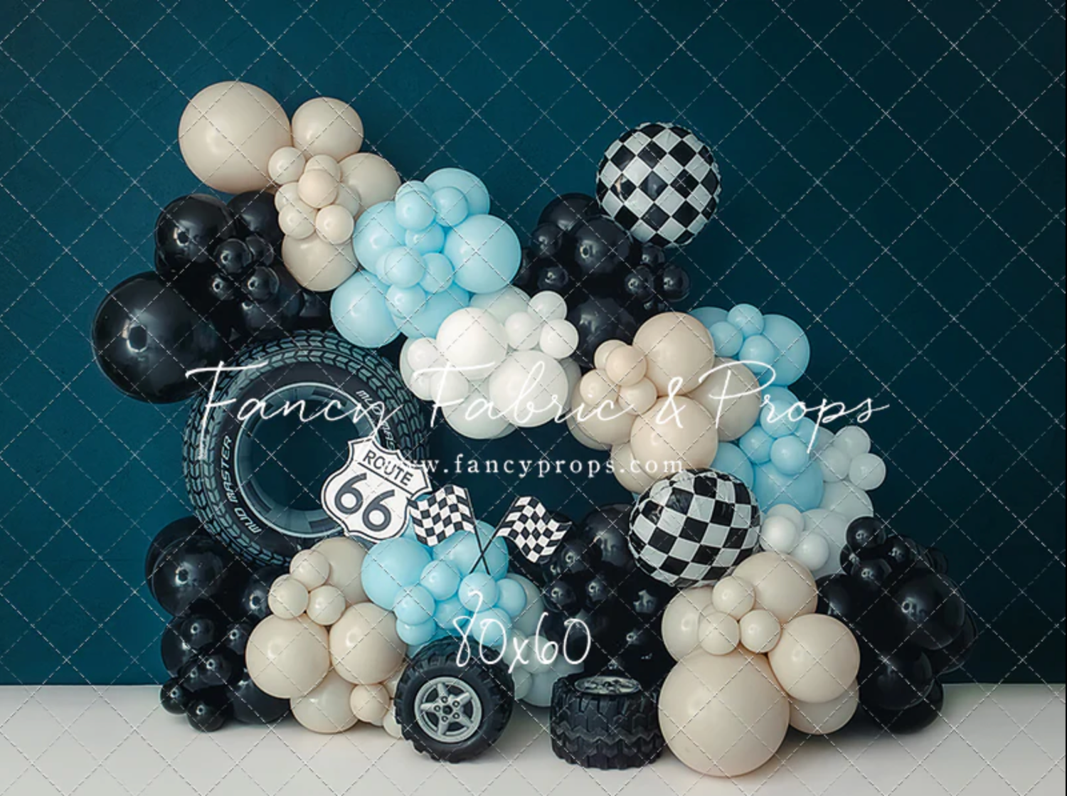 Elegant balloon garland arch in black, white, light blue and checkered patterns against a dark teal backdrop.