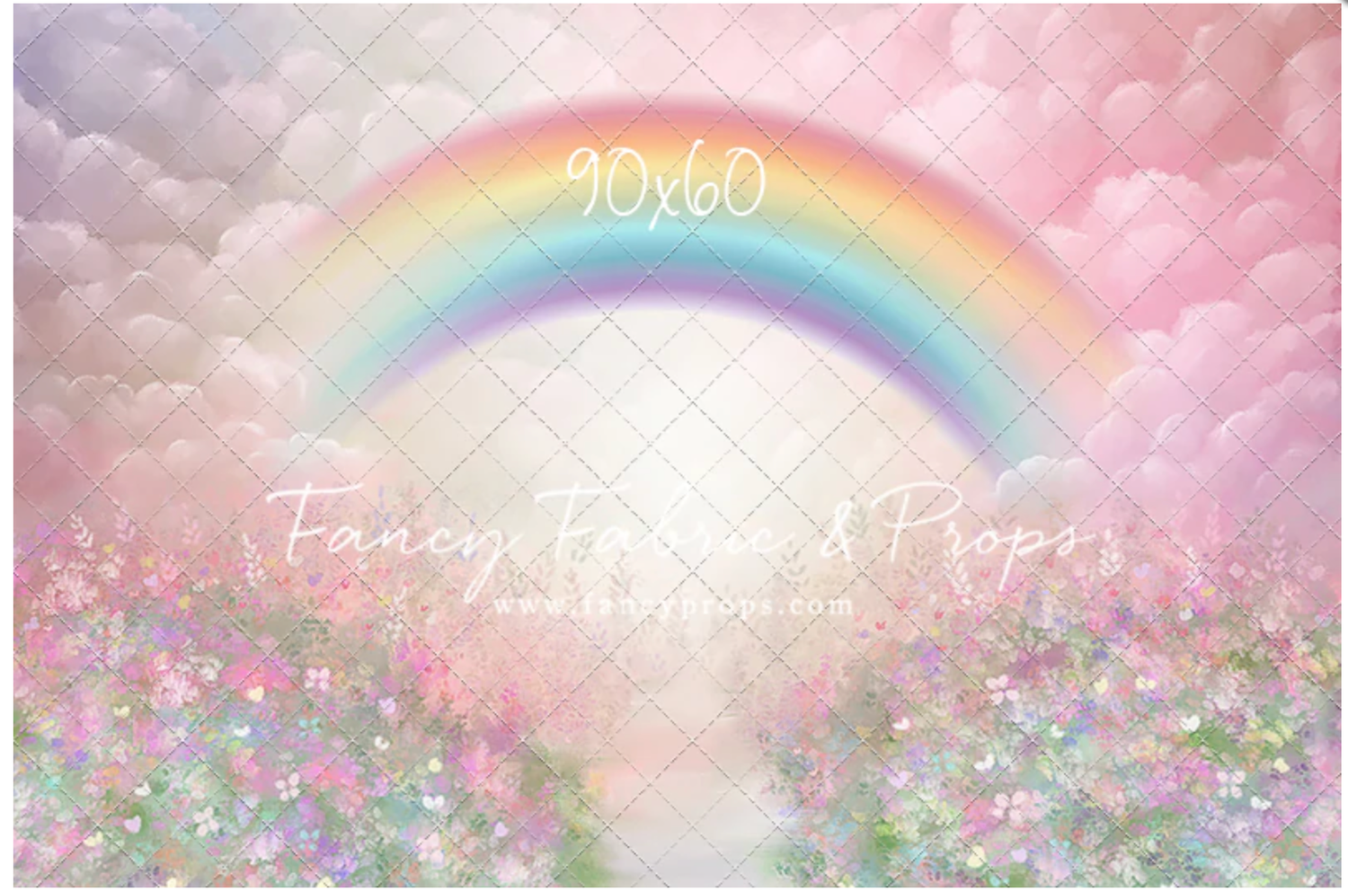 A dreamy pastel rainbow arches across a pink sky with sparkling glitter and magical bokeh effects.