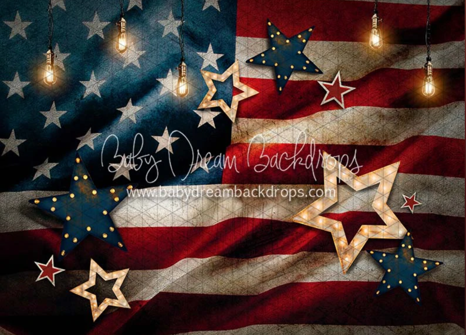 American flag backdrop with glowing string lights and decorative wooden stars in red, white and blue colors.