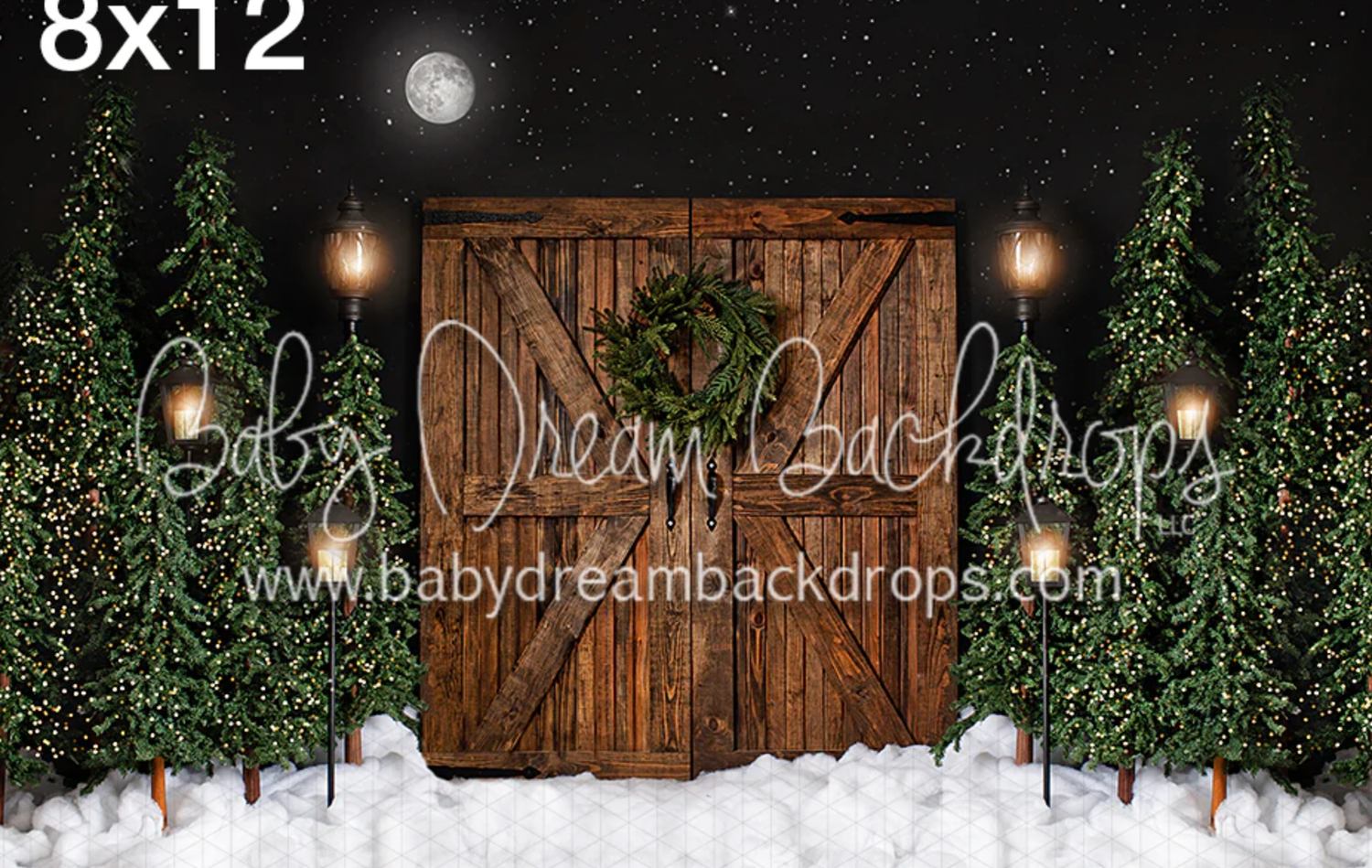 Winter photography backdrop with rustic wood barn doors, snow, and glowing lanterns in a magical forest setting.
