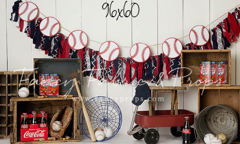 Baseball-themed retail display wall showcases red and white memorabilia, merchandise, and decorative items.