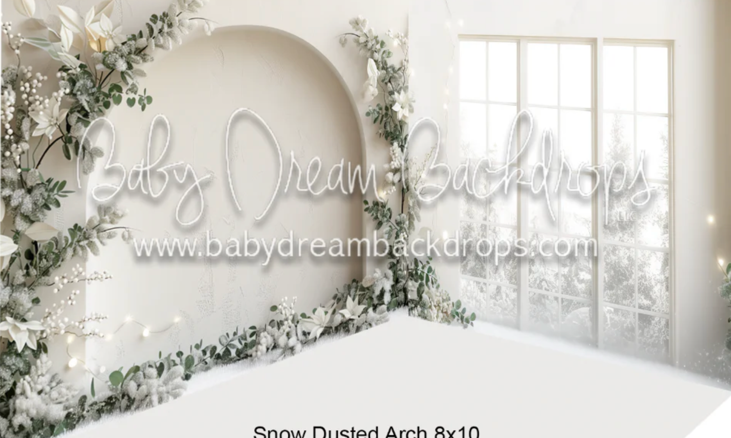 White snow dusted arch backdrop with greenery and flowers creates an elegant wedding ceremony setting.