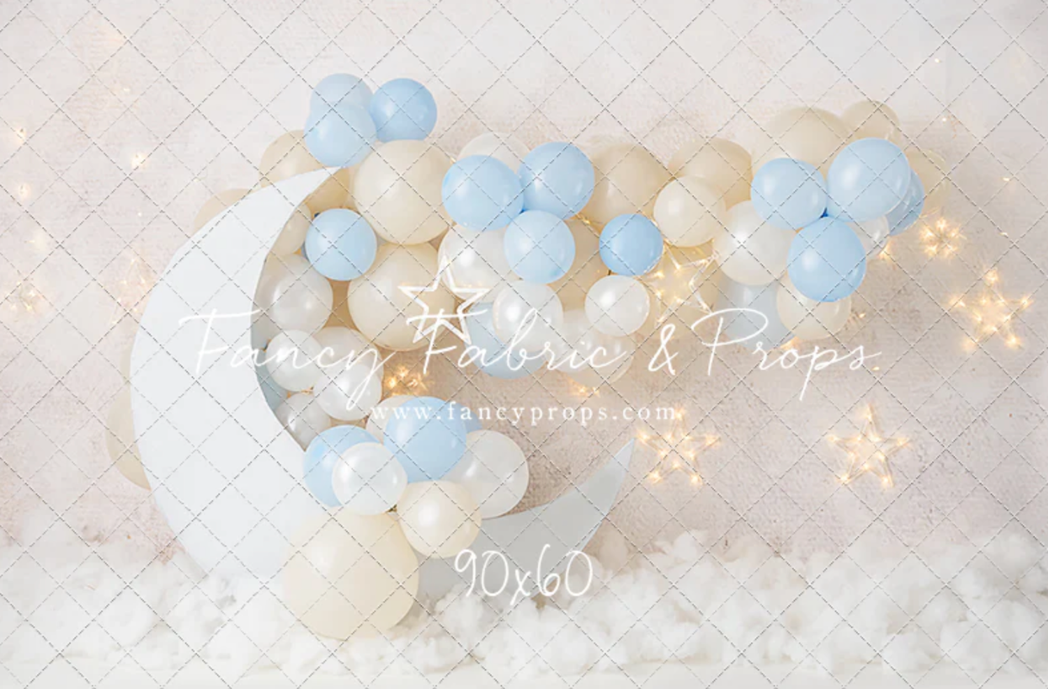 A cozy winter scene with glowing star lights and soft blue and white balloon decorations against a light background.