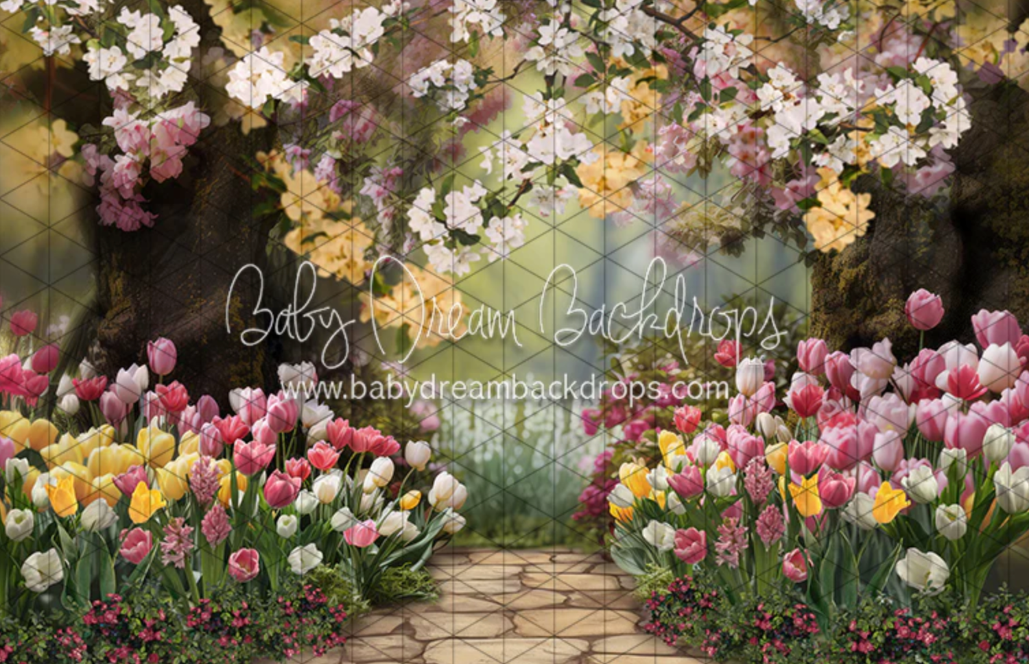 Enchanting garden path lined with colorful tulips and cherry blossoms creating a magical spring scene.