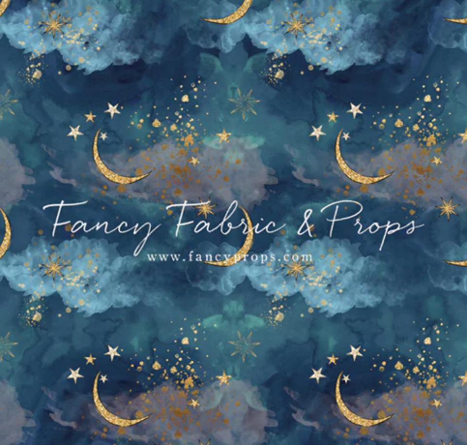 Seamless pattern with golden crescent moons, stars and clouds on a dark blue night sky background.