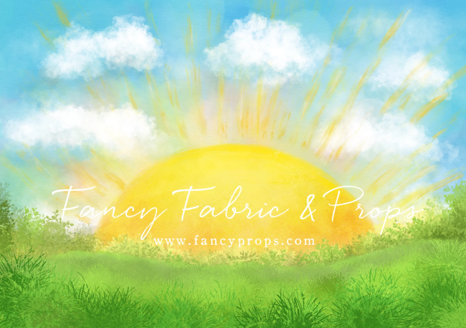 Vibrant watercolor illustration of a sunrise over green grass meadow with white fluffy clouds in a bright blue sky.