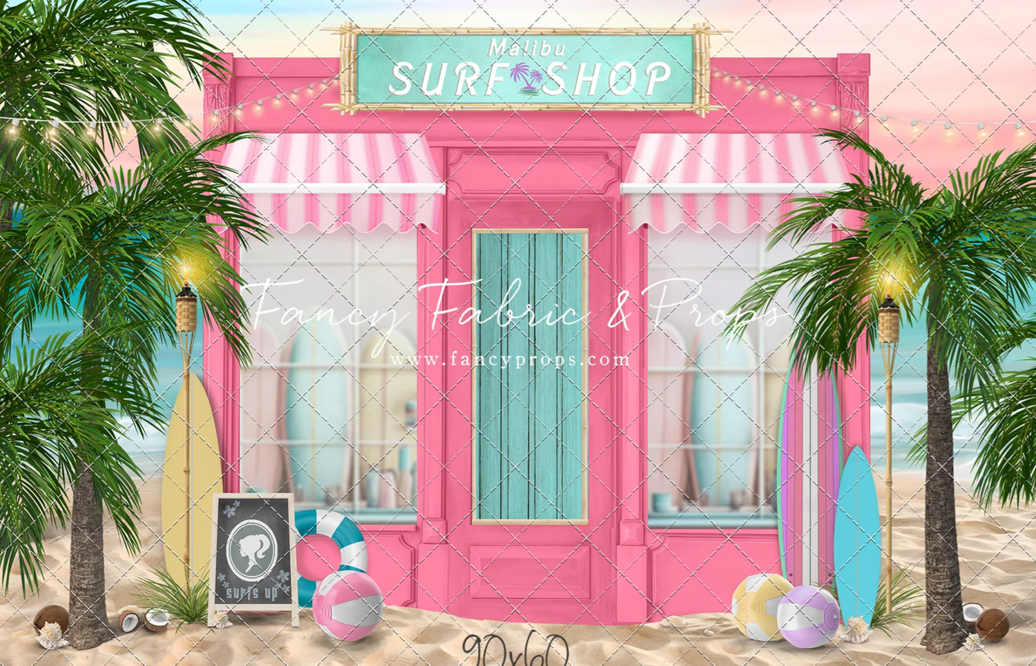 A pink surf shop storefront with palm trees and beach decor featuring a whimsical pastel color scheme.