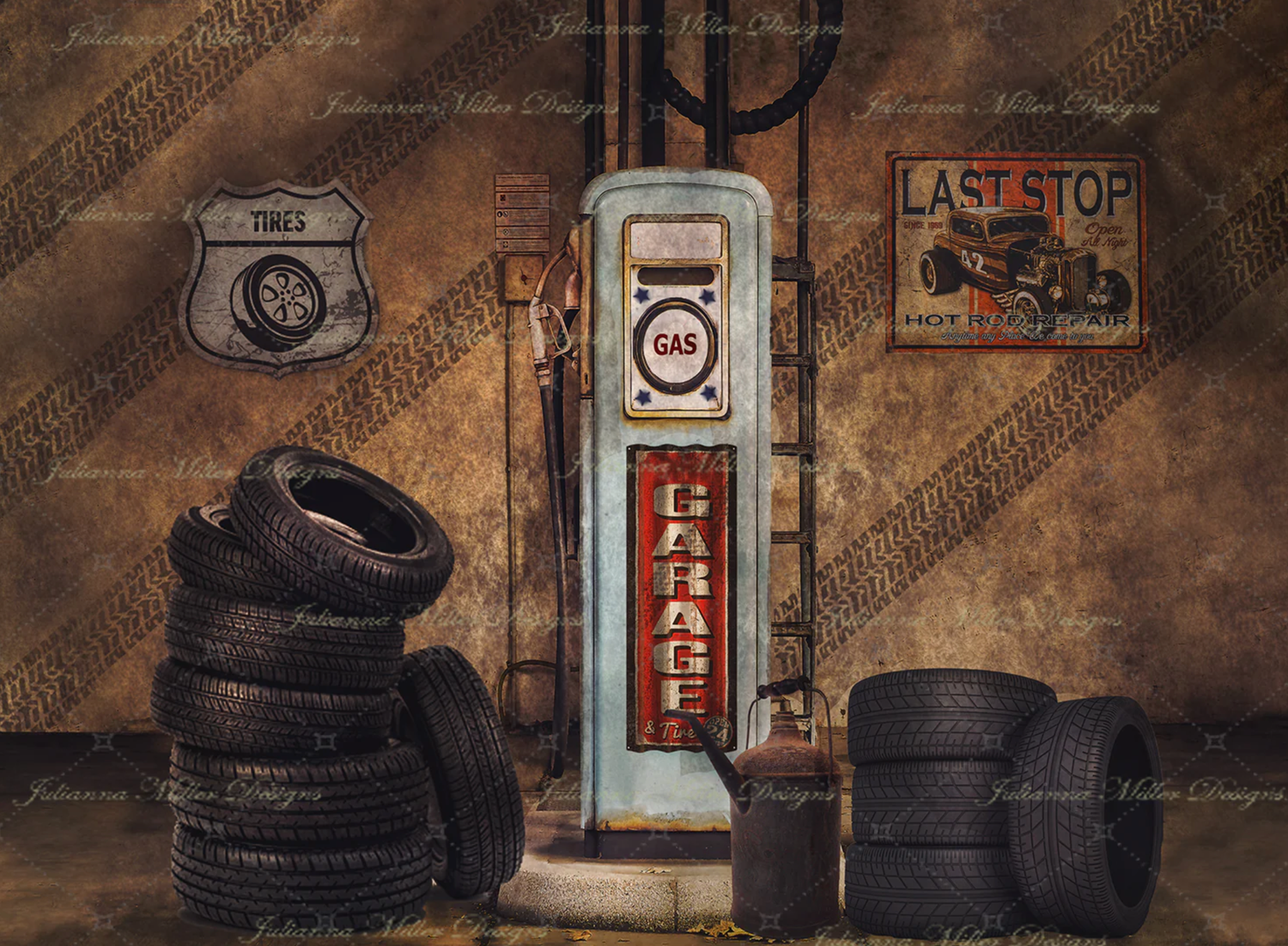 A collection of vintage car parts and tires arranged against a rustic brown wall with automotive signs and decor.