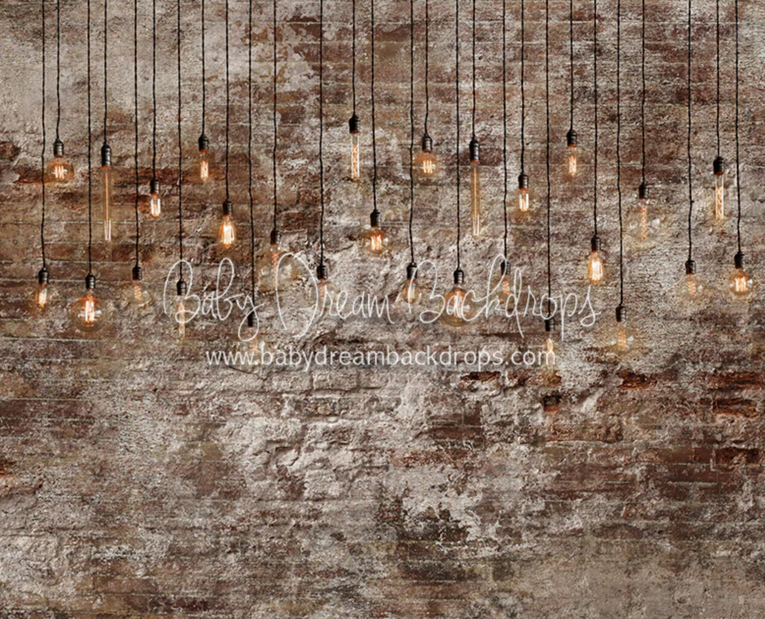 Rustic industrial pendant lights hang from exposed ceiling against weathered brick wall creating moody ambiance.