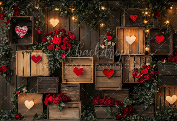 Rustic wooden crates with heart cutouts and red roses create a romantic Valentine's Day backdrop with glowing lights.