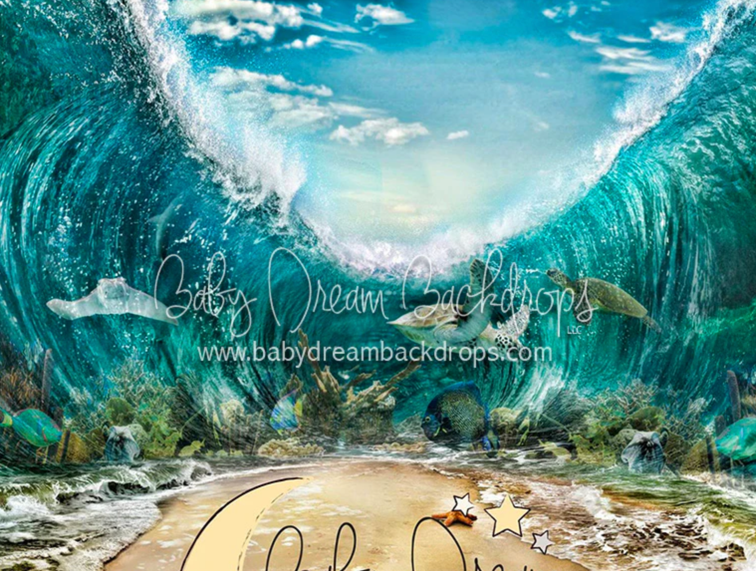 Underwater ocean scene with turquoise waves curling overhead and a sandy seabed with coral and marine life below.