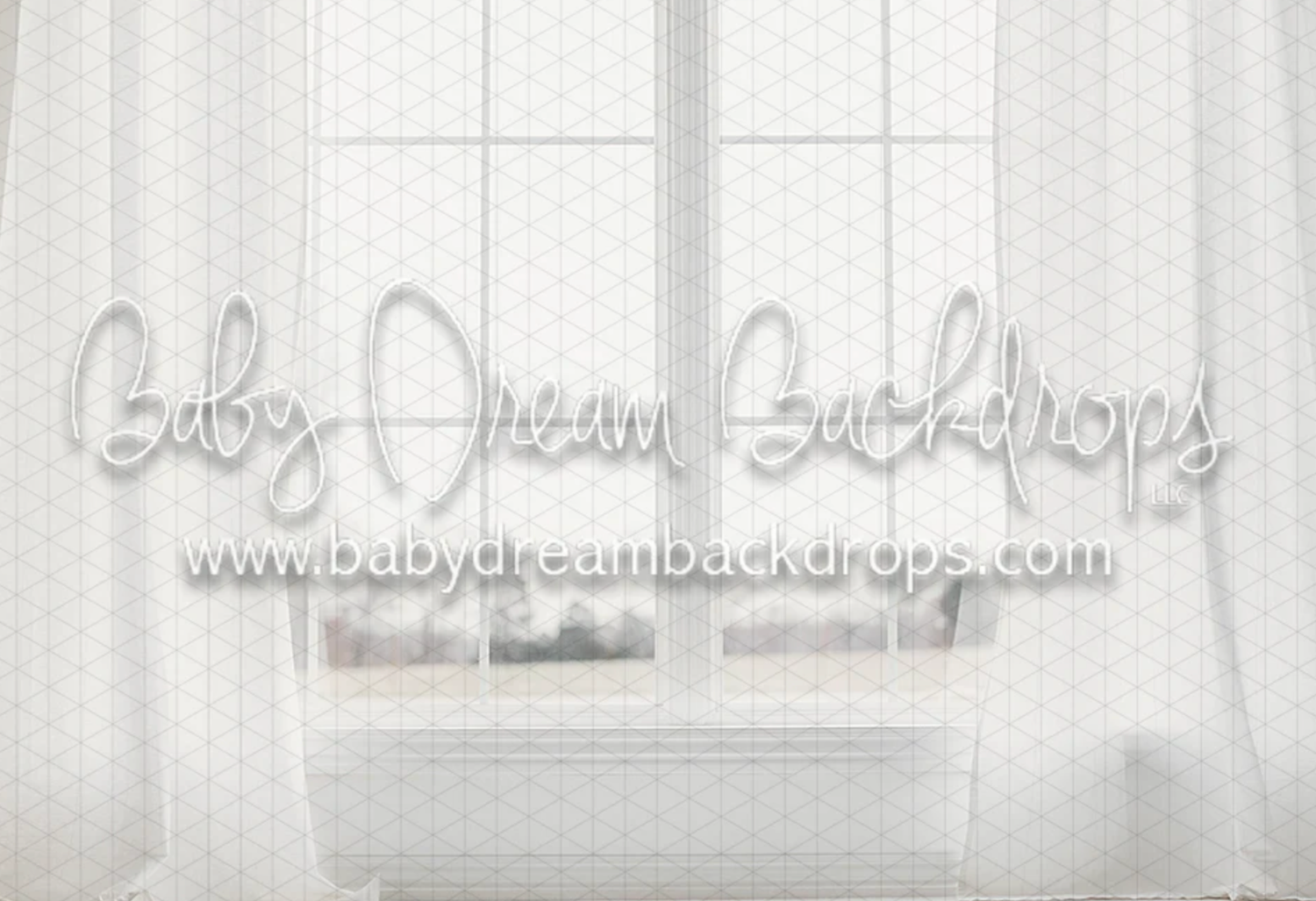 A white vintage window backdrop with soft lighting and delicate curtains creates an elegant studio photography setting.