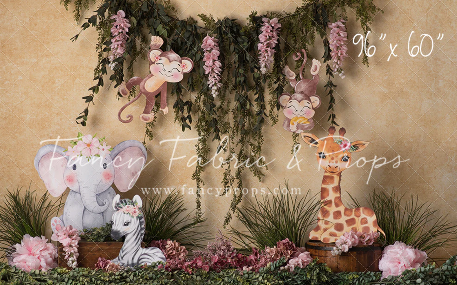 Pink and white floral decorations with stuffed animals create a whimsical baby shower or nursery display against a beige wall.