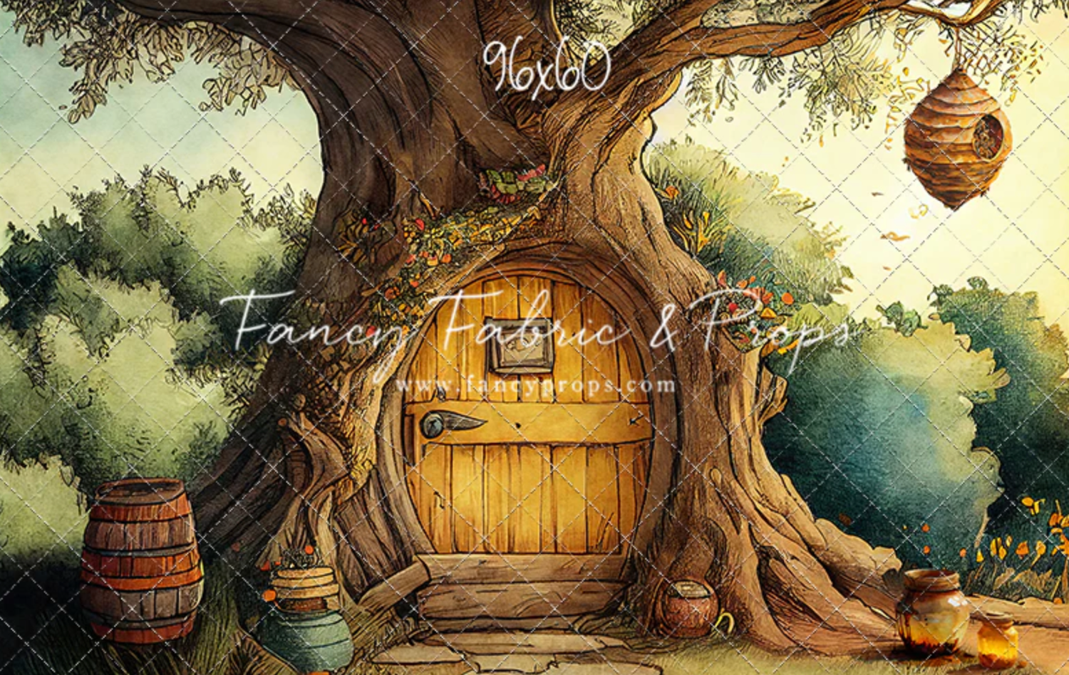 Whimsical fantasy art series depicting magical treehouses and wooden doors nestled in ancient tree trunks at sunset.