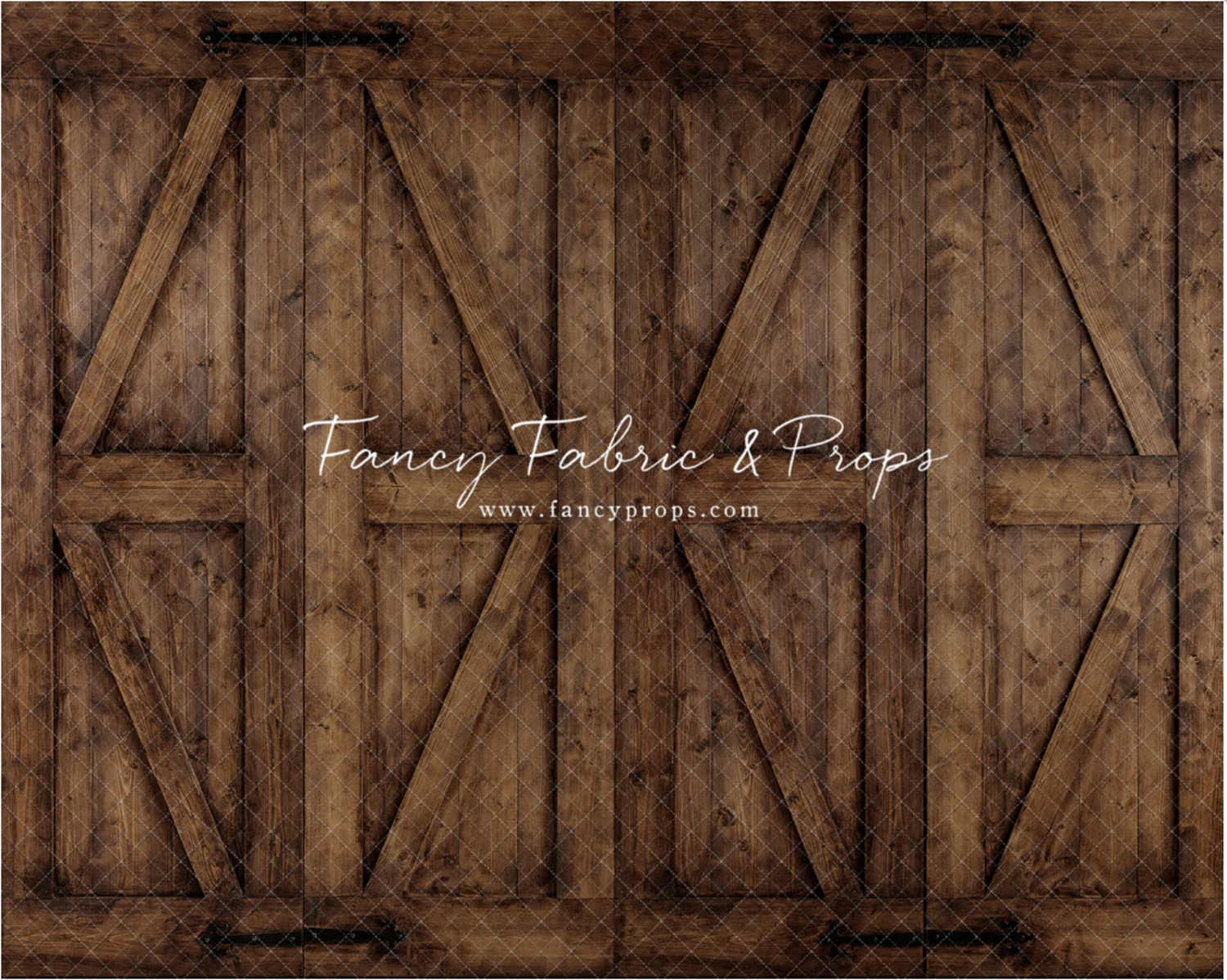 Rustic wooden barn door texture with diagonal cross beams and cursive text overlay in white.