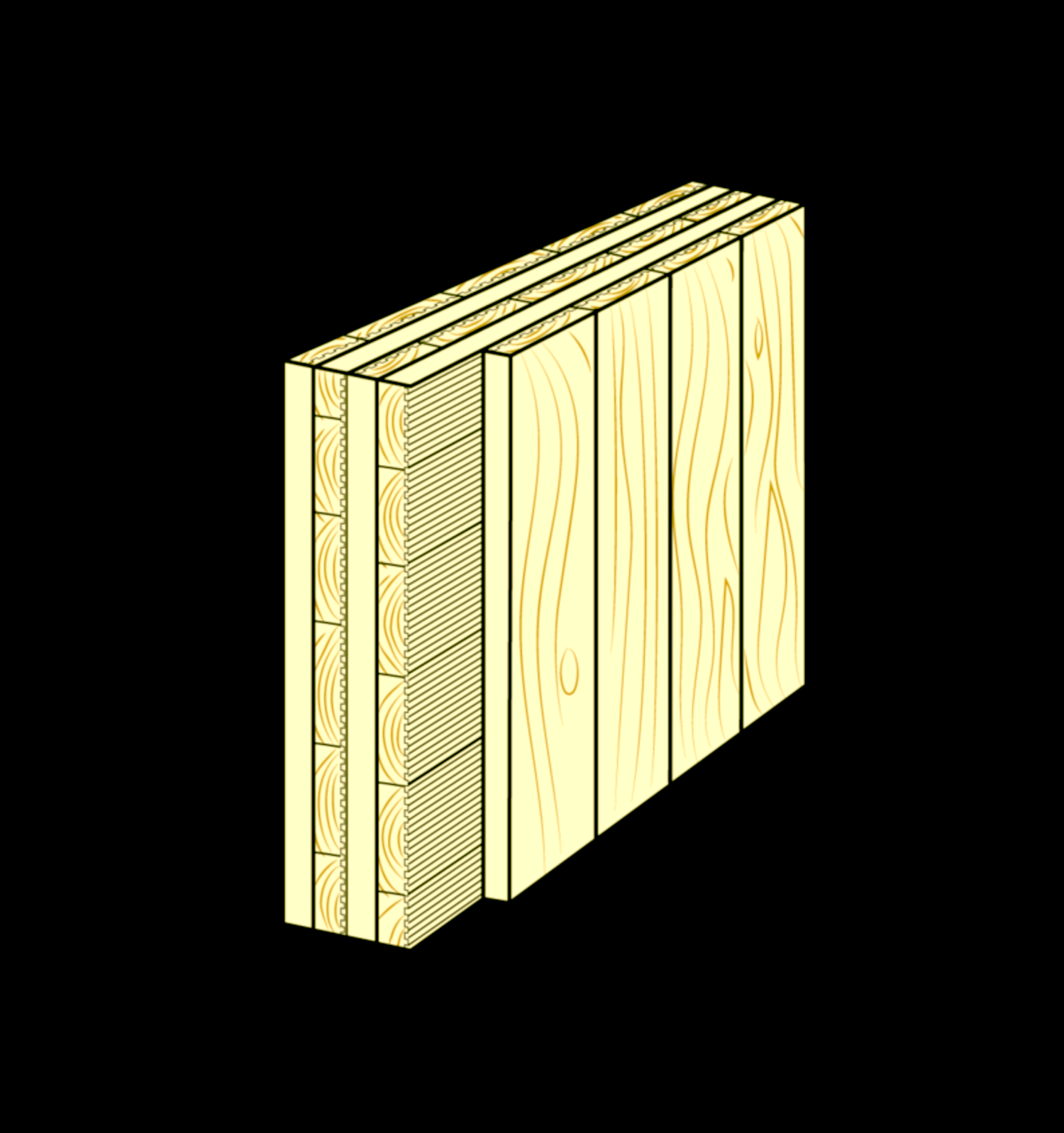 Isometric illustration of a wooden pallet construction showing vertical planks and horizontal supports in light yellow.