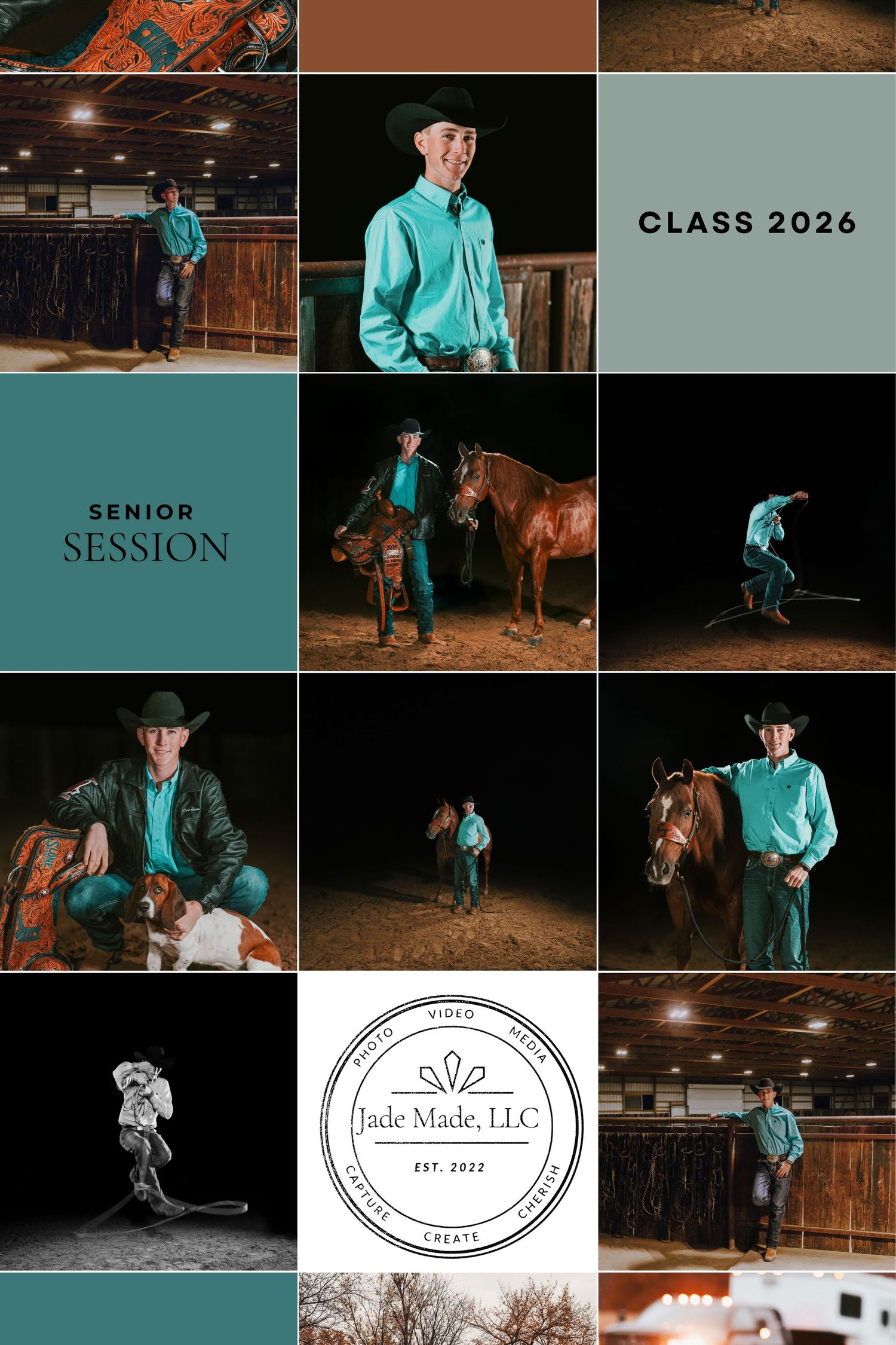 A western-themed senior photo collage featuring turquoise outfits, horses, and indoor barn settings with dramatic lighting.