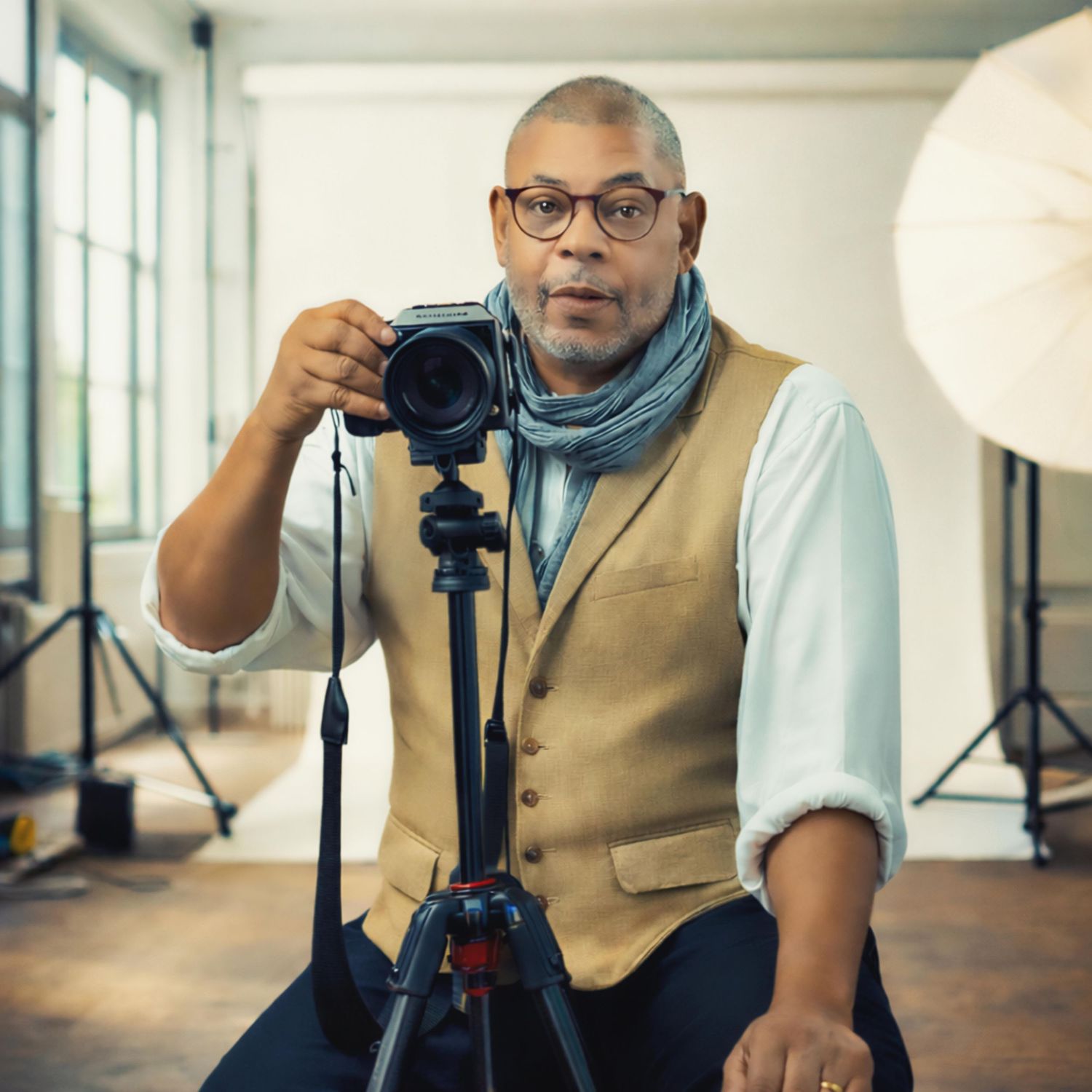 Person in beige vest and glasses adjusts camera equipment while working in bright studio space.