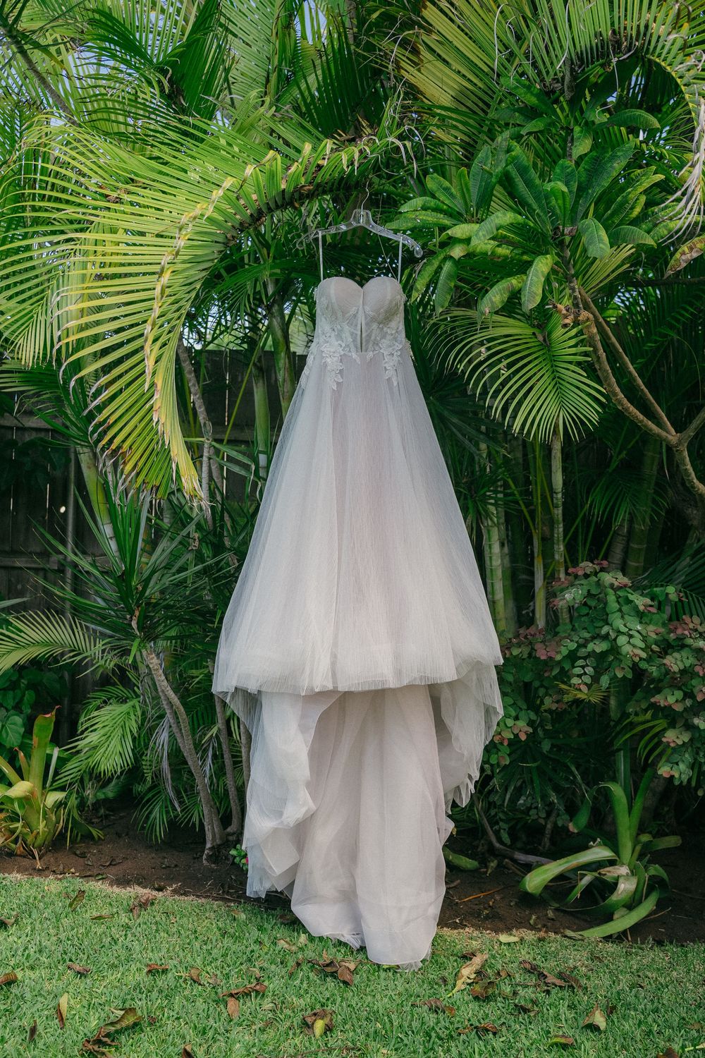 White wedding dress hanging elegantly against a lush tropical garden backdrop with palm fronds.