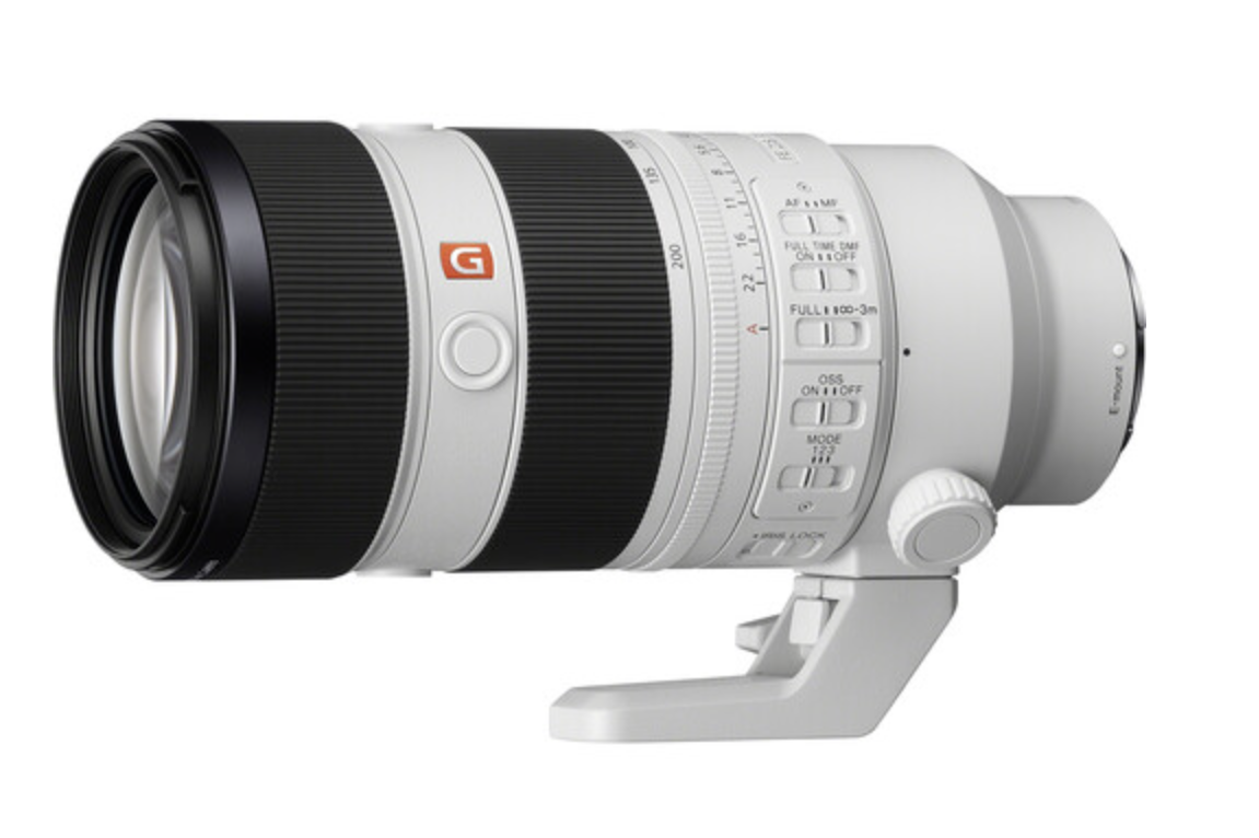 Professional Sony telephoto camera lenses of various sizes arranged in a row showing size progression from left to right.