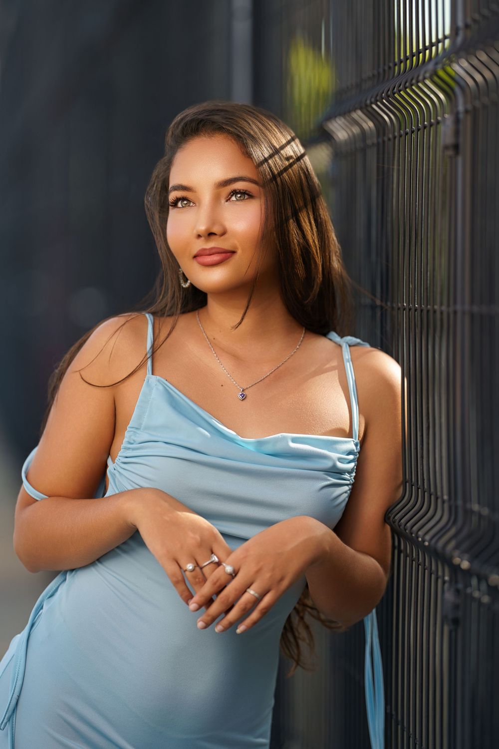 A maternity portrait shows a woman in a light blue dress leaning against a metal fence in soft lighting.