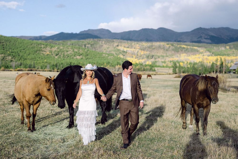 A group of horses stand in a scenic mountain meadow with people in formal attire walking among them.