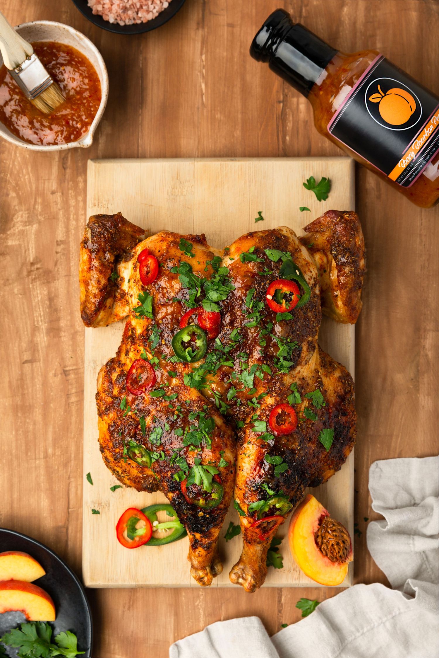 roasted chicken with peach glaze, chef created, organic