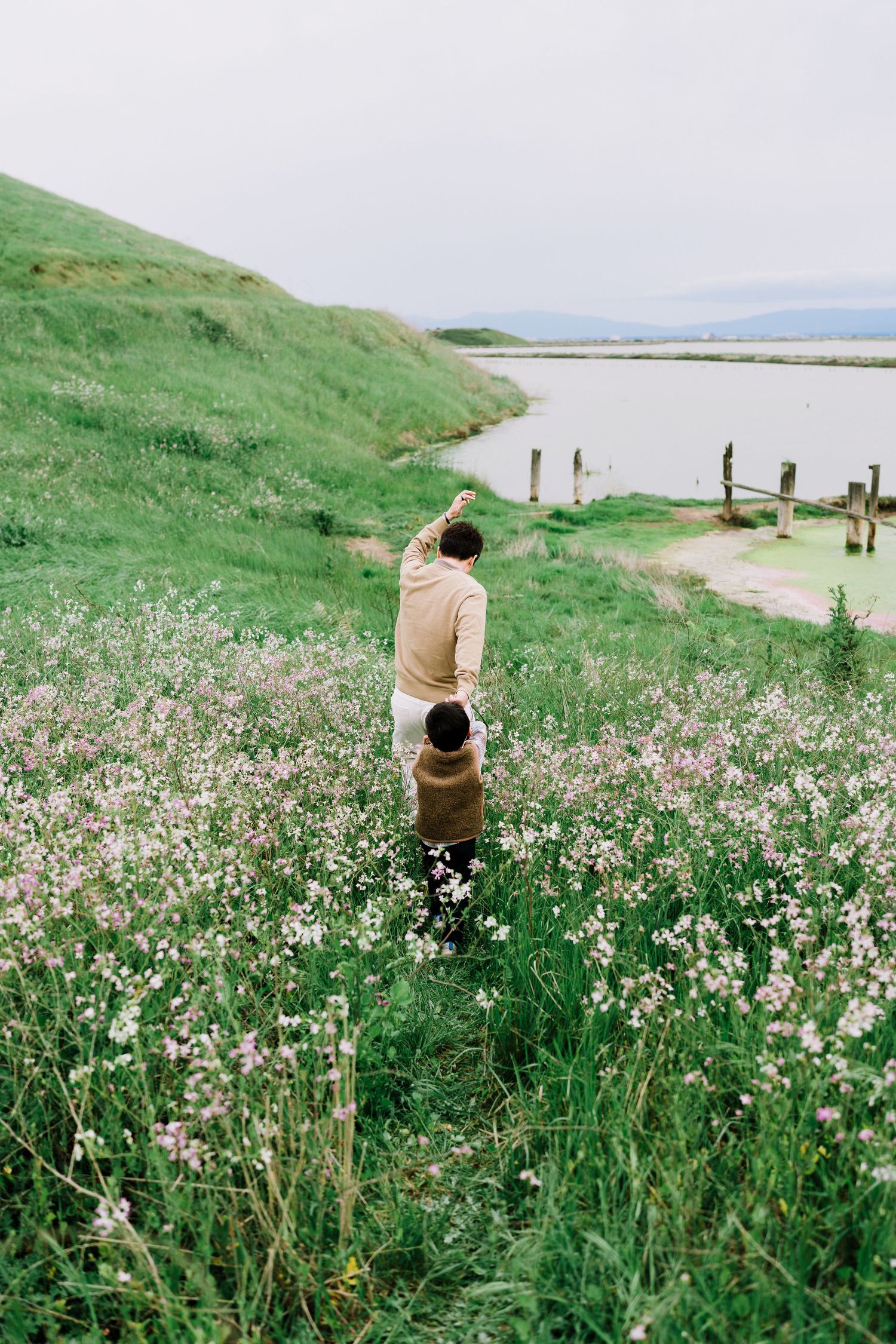 Person standing in a field of wildflowers overlooking a coastal inlet with wooden posts in the water on a misty day.
