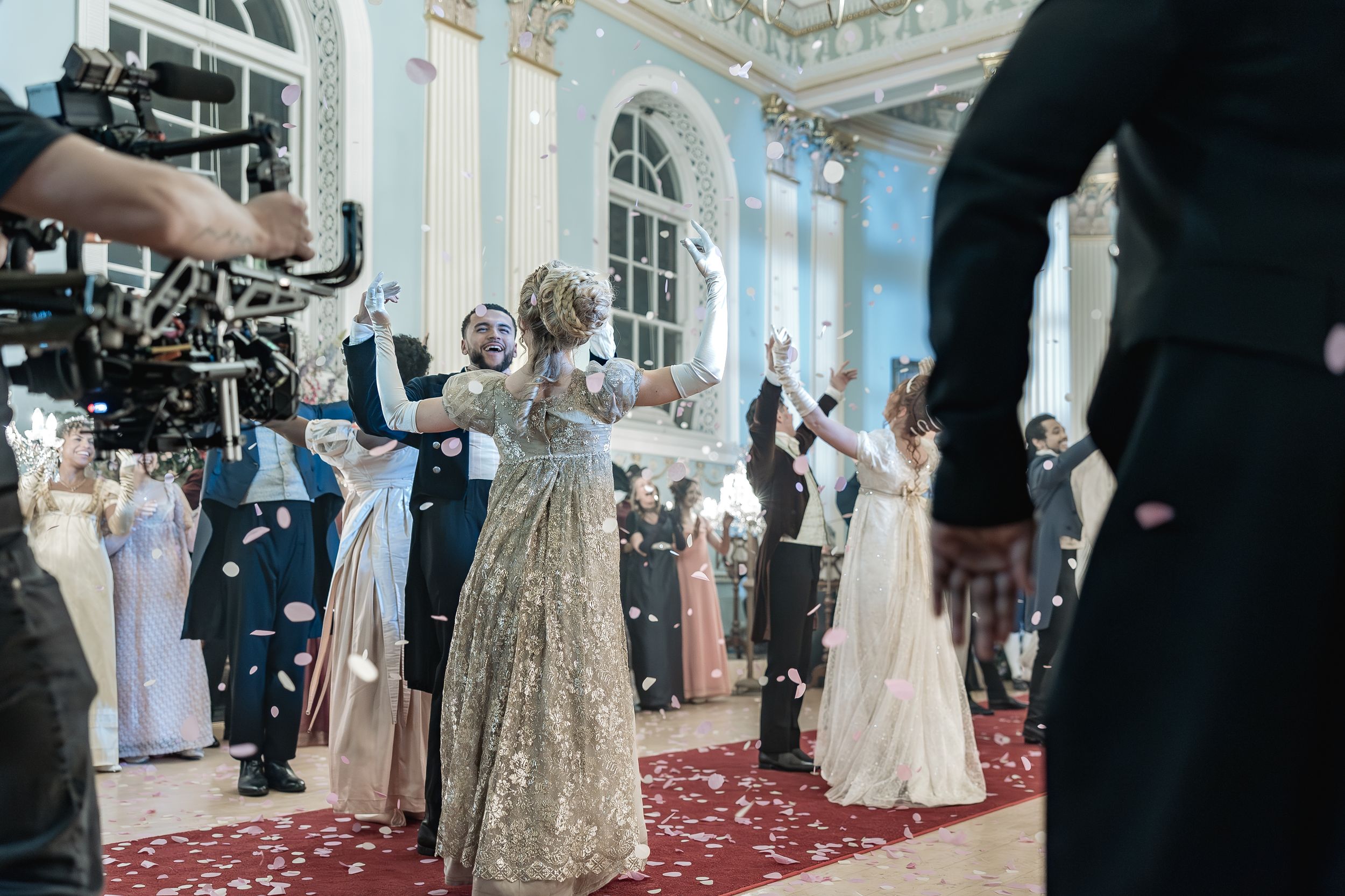 Bridgerton at Newark Town Hall in Nottinghamshire, photographed behind the scenes for the Netflix production. final ballroom dance.