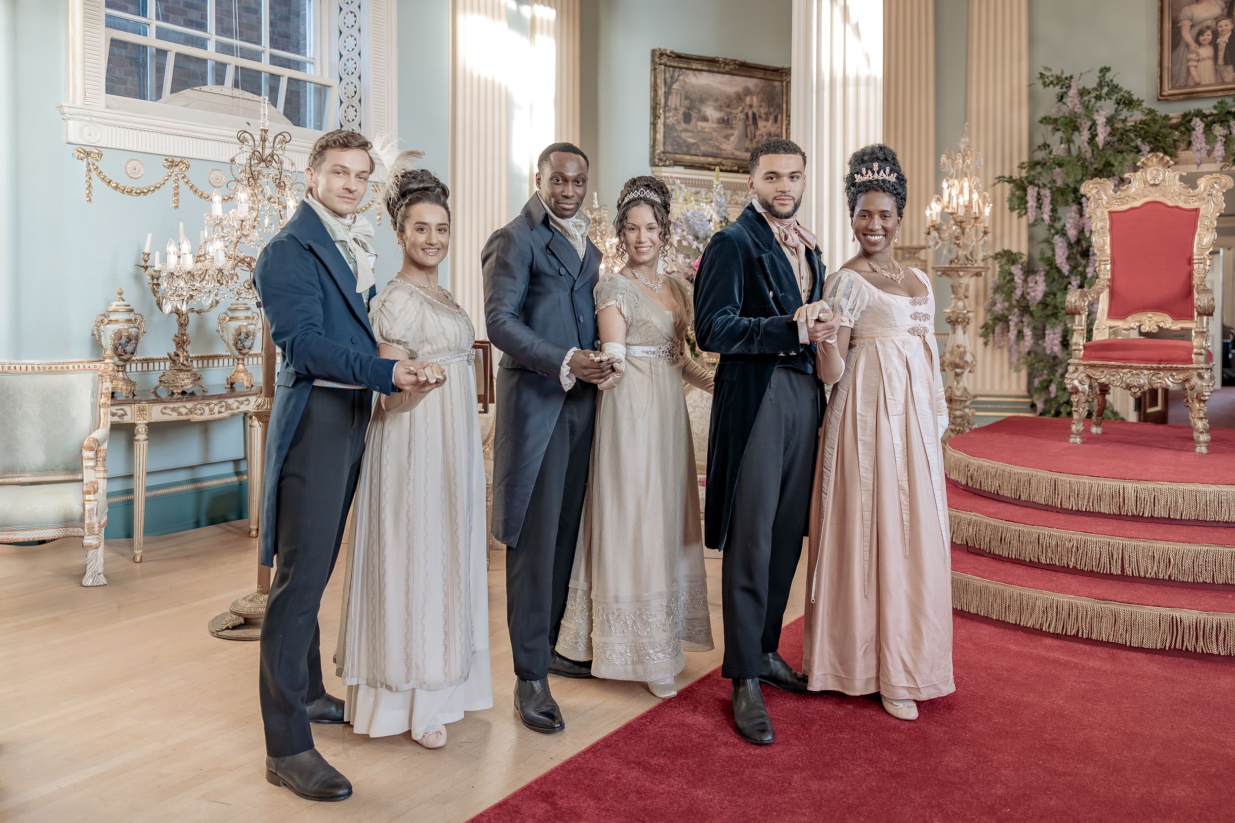 Bridgerton at Newark Town Hall in Nottinghamshire, photographed behind the scenes for the Netflix production. 3 ballroom couples.