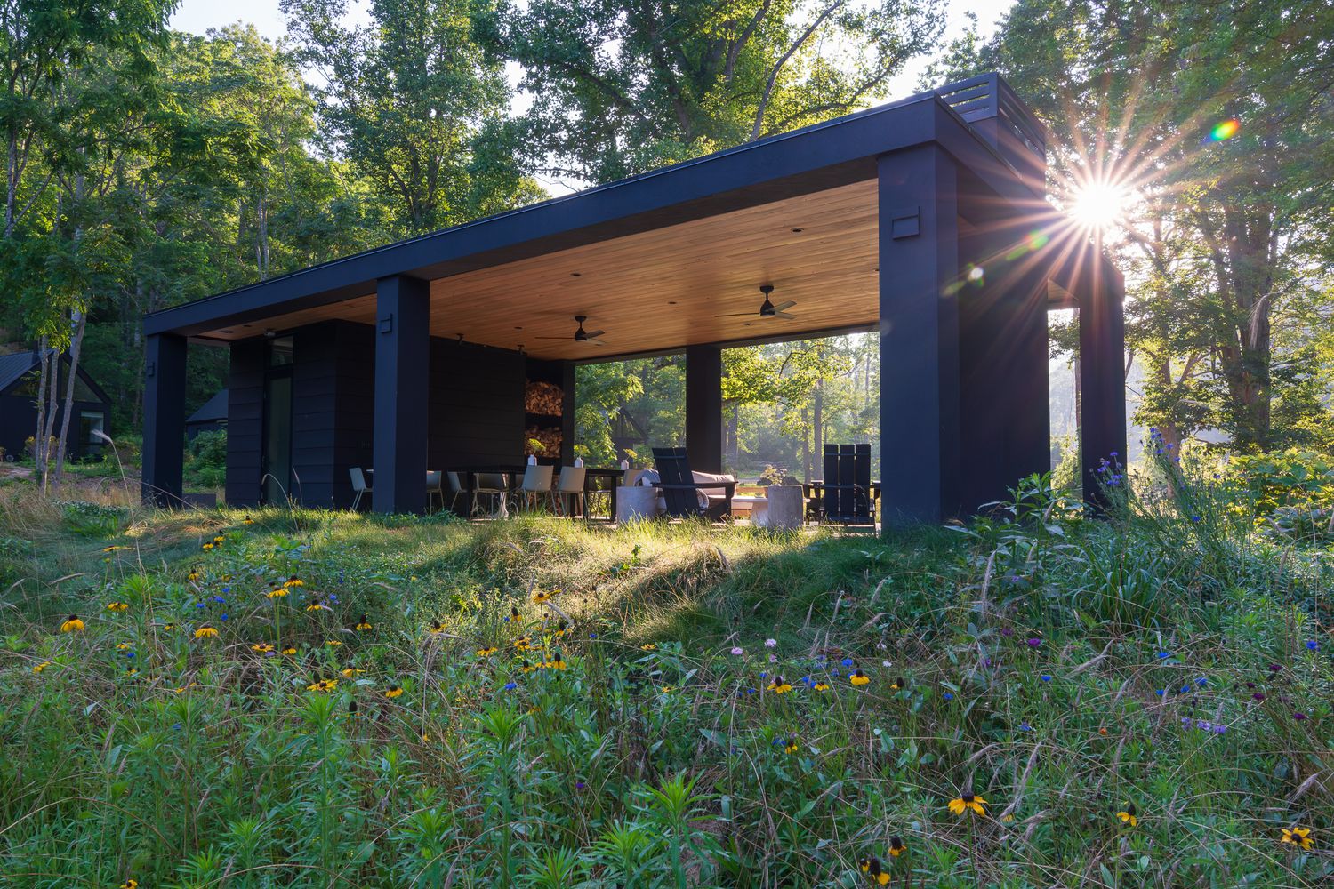 Image of an outdoor pavilion surrounded by a field of wildflowers, the sun is peeking over the roof's edge.