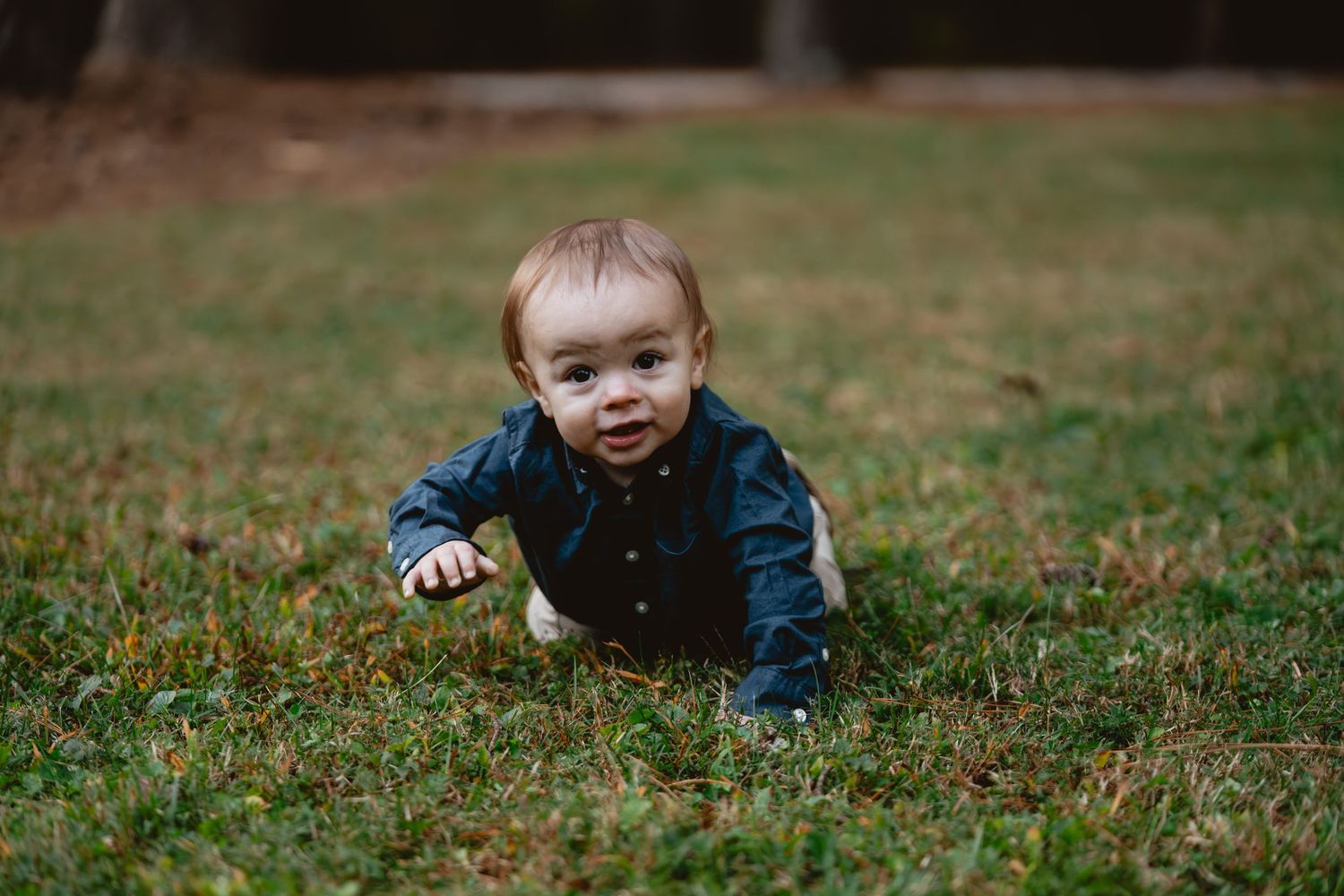 Small child in blue denim crawls and smiles on green grass during an outdoor photo session.