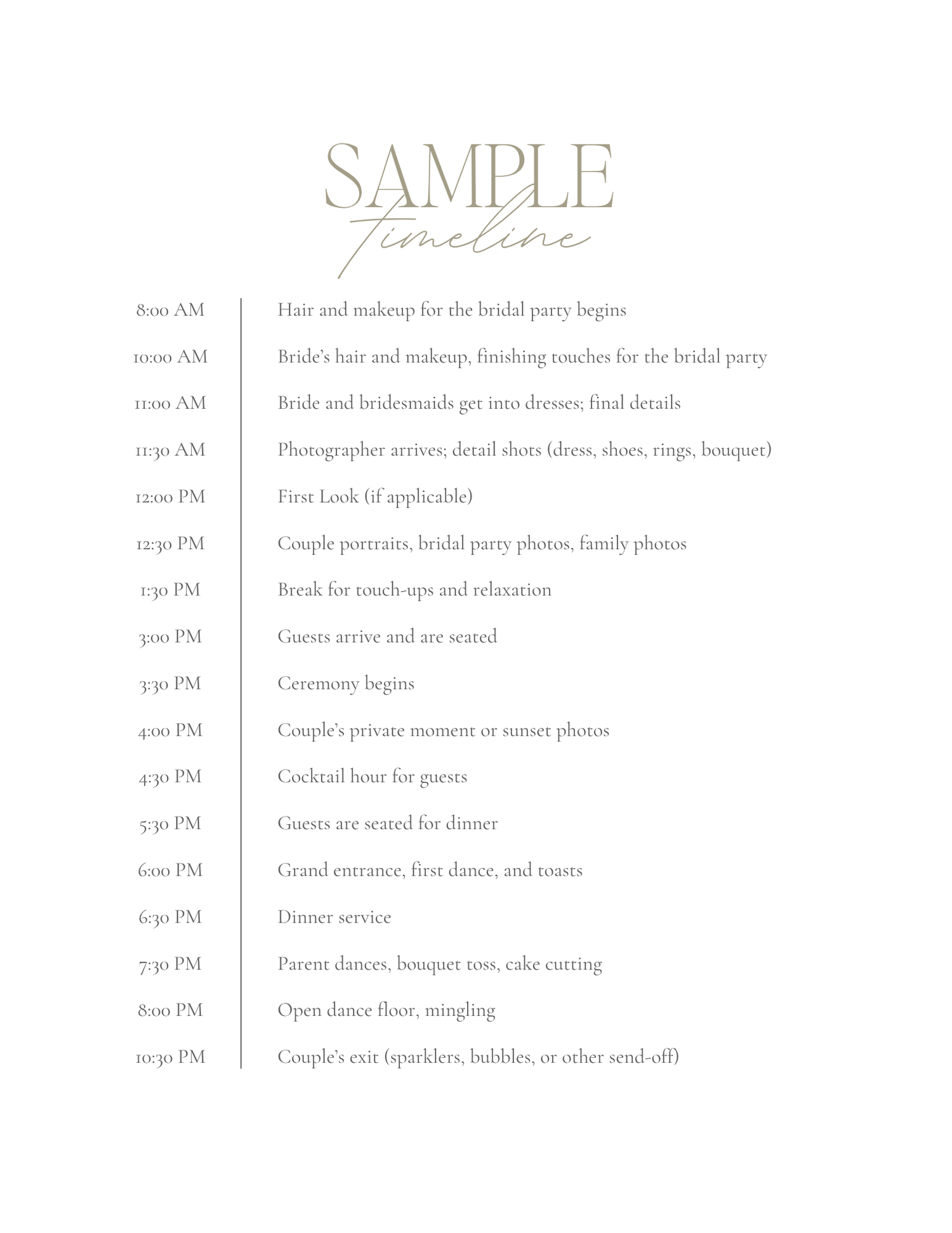 A sample wedding day timeline template listing schedule from 8AM to 10PM including hair, ceremony, dinner, and send-off.