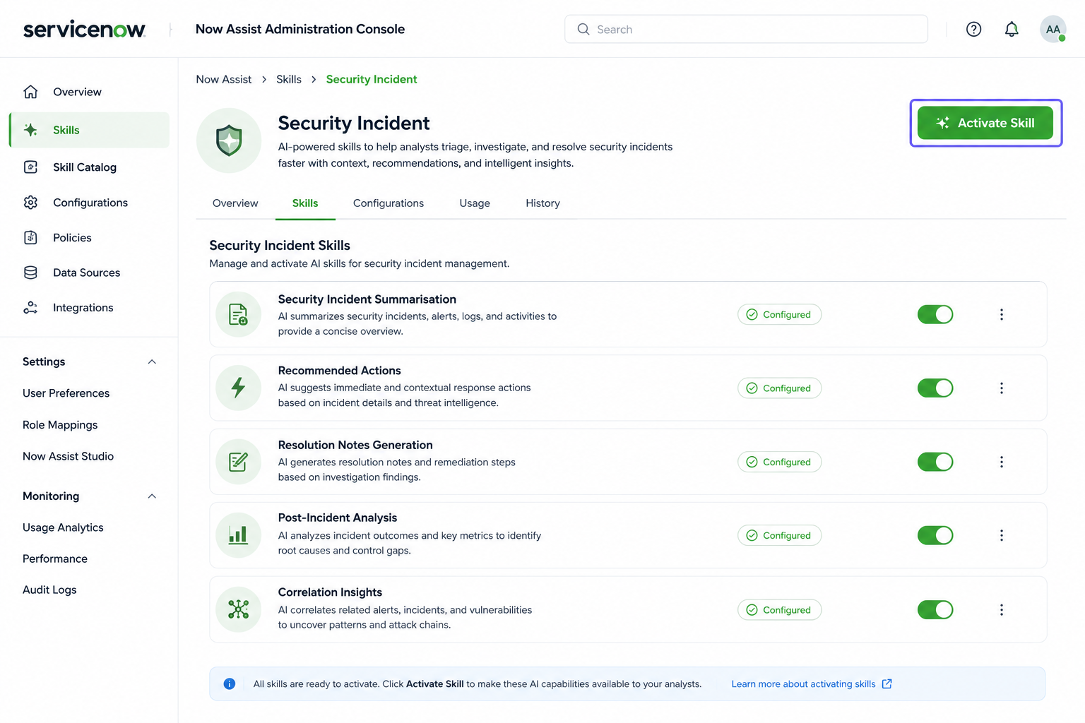 ServiceNow New Asset Administration Console displaying the Security Incident skills configuration page with toggle settings.