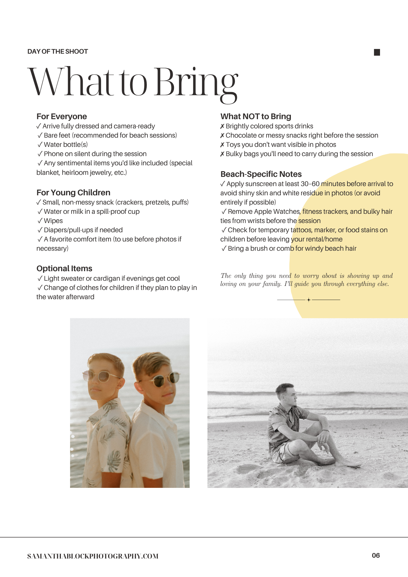 A photography guide titled What to Bring for a beach photo session with two children posing on a sandy beach.