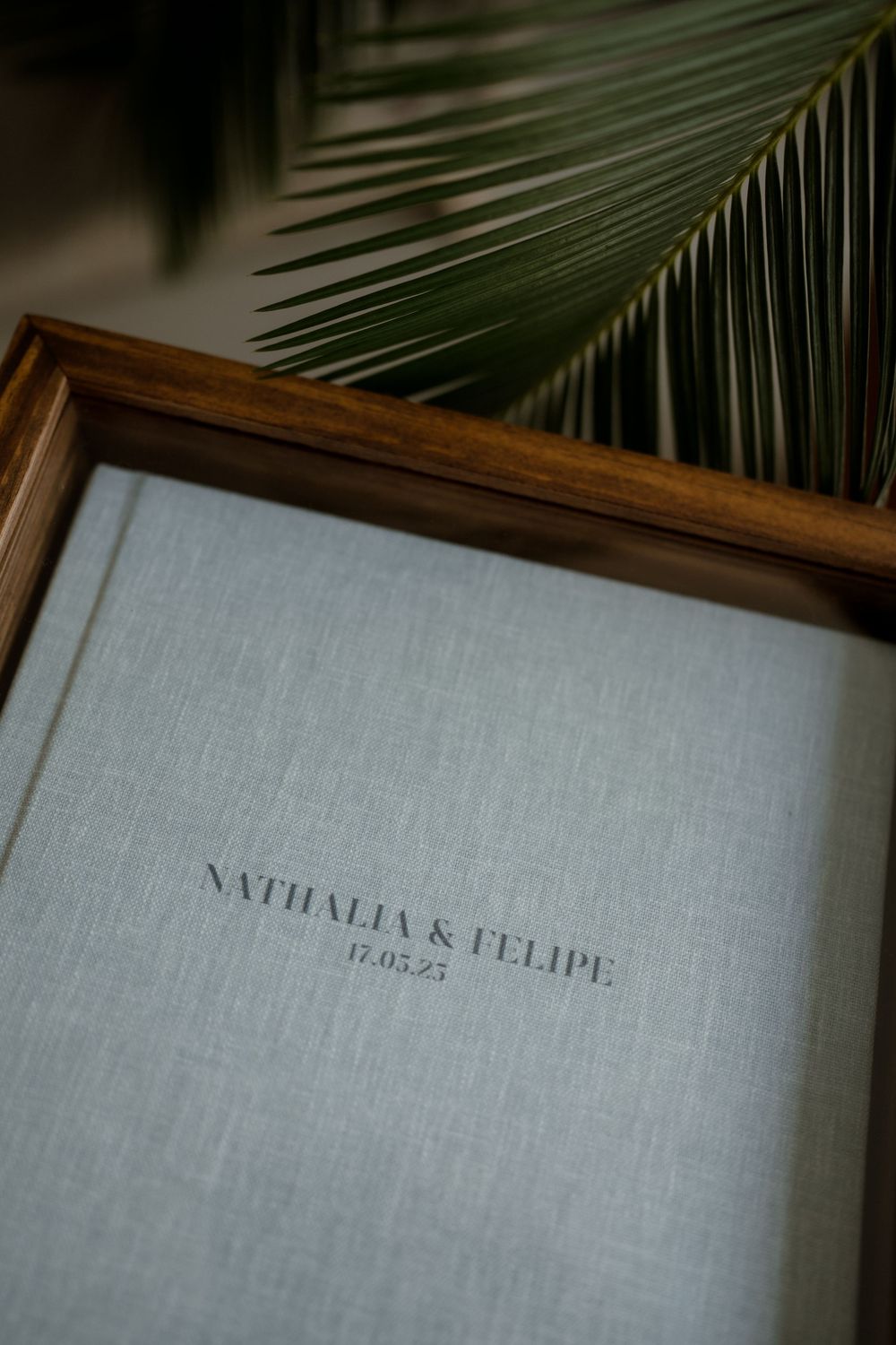 Close-up shots of a wedding album page showing text gradually appearing with palm frond shadows.