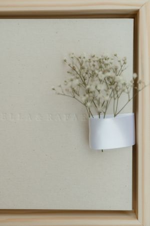 Minimalist wall art series showing baby's breath flowers in white curved holders against a neutral beige background.