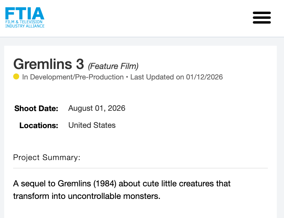Gremlins 3 filming start date