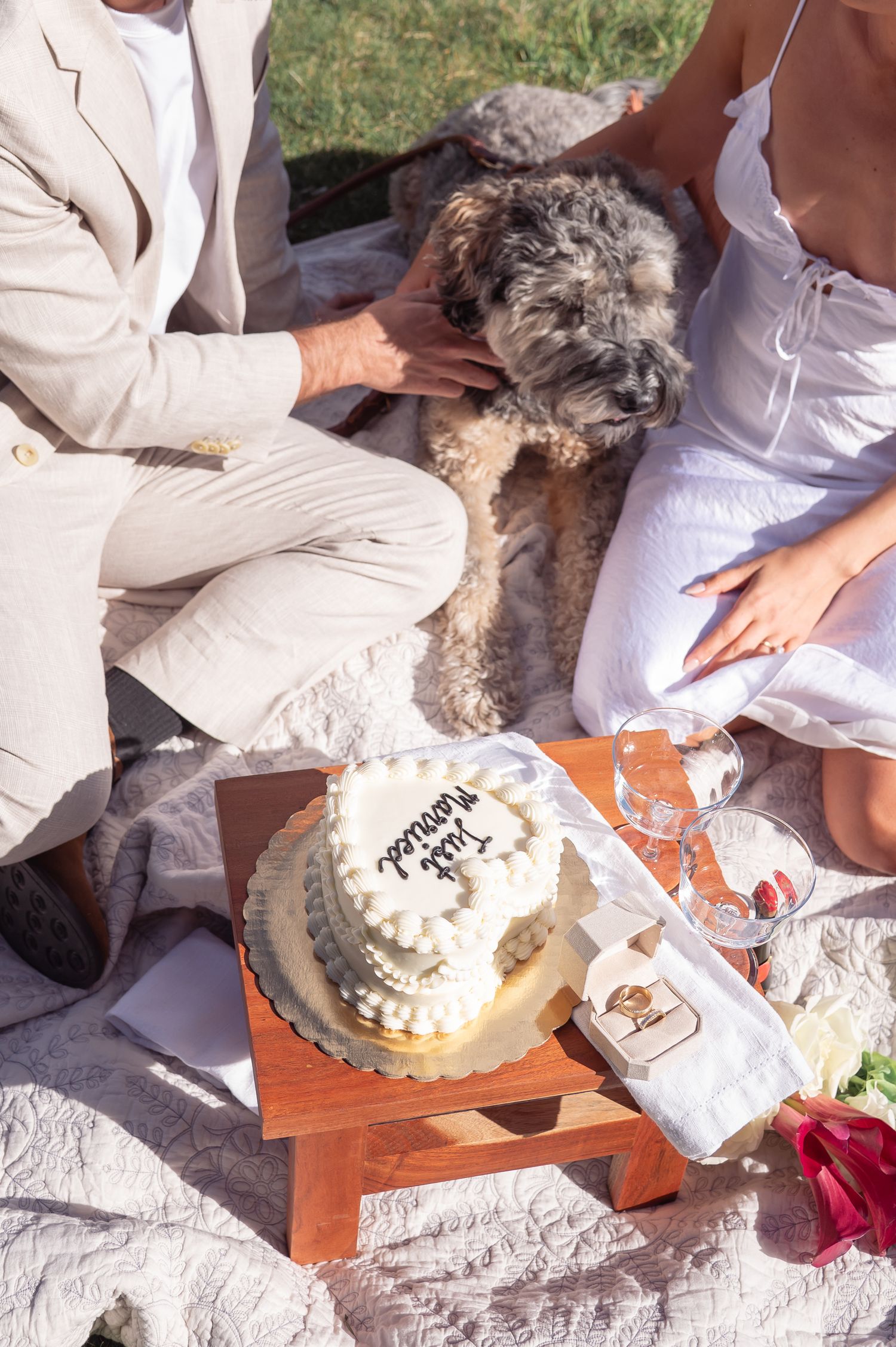 Couple in white and beige attire enjoying a picnic with a fluffy dog and a decorated wedding cake outdoors during a Colorado elopement