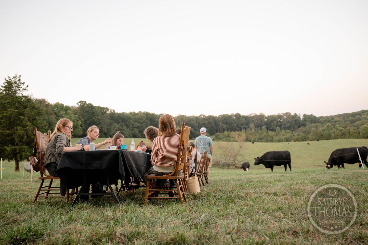 Outdoor farm dinner party with guests seated at long tables in a green meadow with rolling hills at dusk.