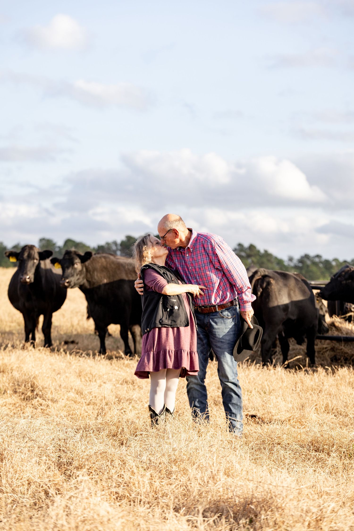 A farmer and young girl share a tender moment in a golden field with black Angus cattle grazing behind them.